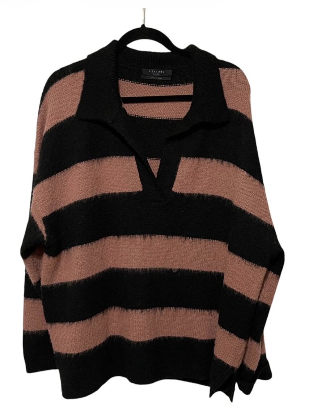 Allsaints Large Oversized Lou V-Neck Wool Blend Striped Relaxed Sweater